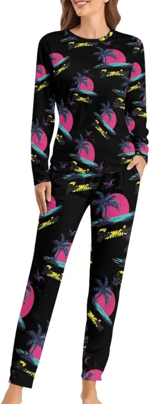 Jamaica Flag Palm Tree Sunset Women's Pajama Set Long Sleeve T-shirts Top & Pant Comfort Sleepwear Loungewear