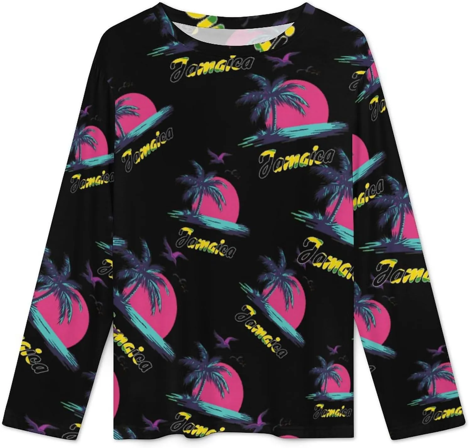 Jamaica Flag Palm Tree Sunset Women's Pajama Set Long Sleeve T-shirts Top & Pant Comfort Sleepwear Loungewear