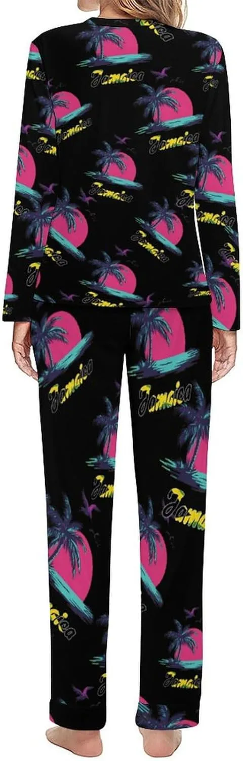 Jamaica Flag Palm Tree Sunset Women's Pajama Set Long Sleeve T-shirts Top & Pant Comfort Sleepwear Loungewear