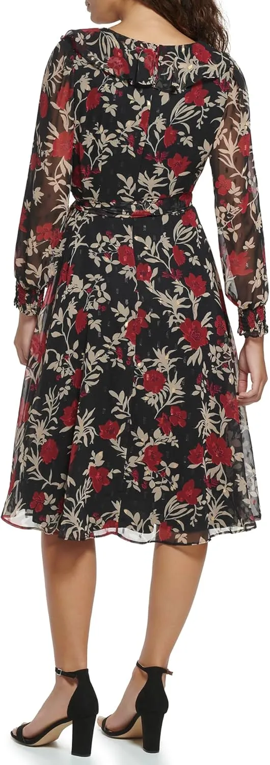 Jessica Howard Women's Floral Chiffon V-Neck Midi Dress