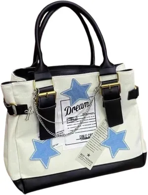 JHTPSLR Y2K Canvas Leather Tote Bag Women Teen Girls Stars Labels Patches Punk Chain Y2K Accessories Crossbody Bag Handbag
