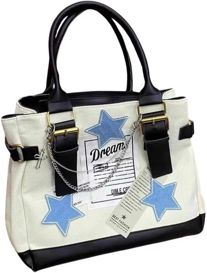 JHTPSLR Y2K Canvas Leather Tote Bag Women Teen Girls Stars Labels Patches Punk Chain Y2K Accessories Crossbody Bag Handbag