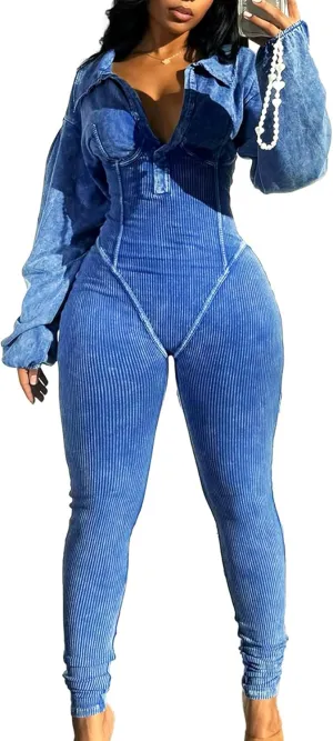 Jumpsuits for Women Casual Long Sleeve Bodycon Ribbed Rompers Sexy One Piece Jumpsuits Workout Outfits