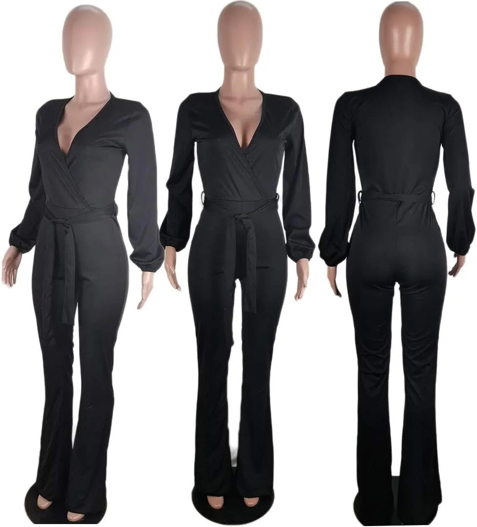 Jumpsuits for Women Elegant One Piece Outfits High Waist Bell Pants Suits Jumper with Belt Plus Size