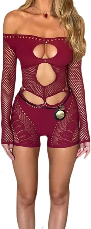 Jumpsuits for Women Sexy Cut Out See Through Strapless Jumpsuit Long Sleeve Bodycon Shorts Jumpsuit Party Club Outfits
