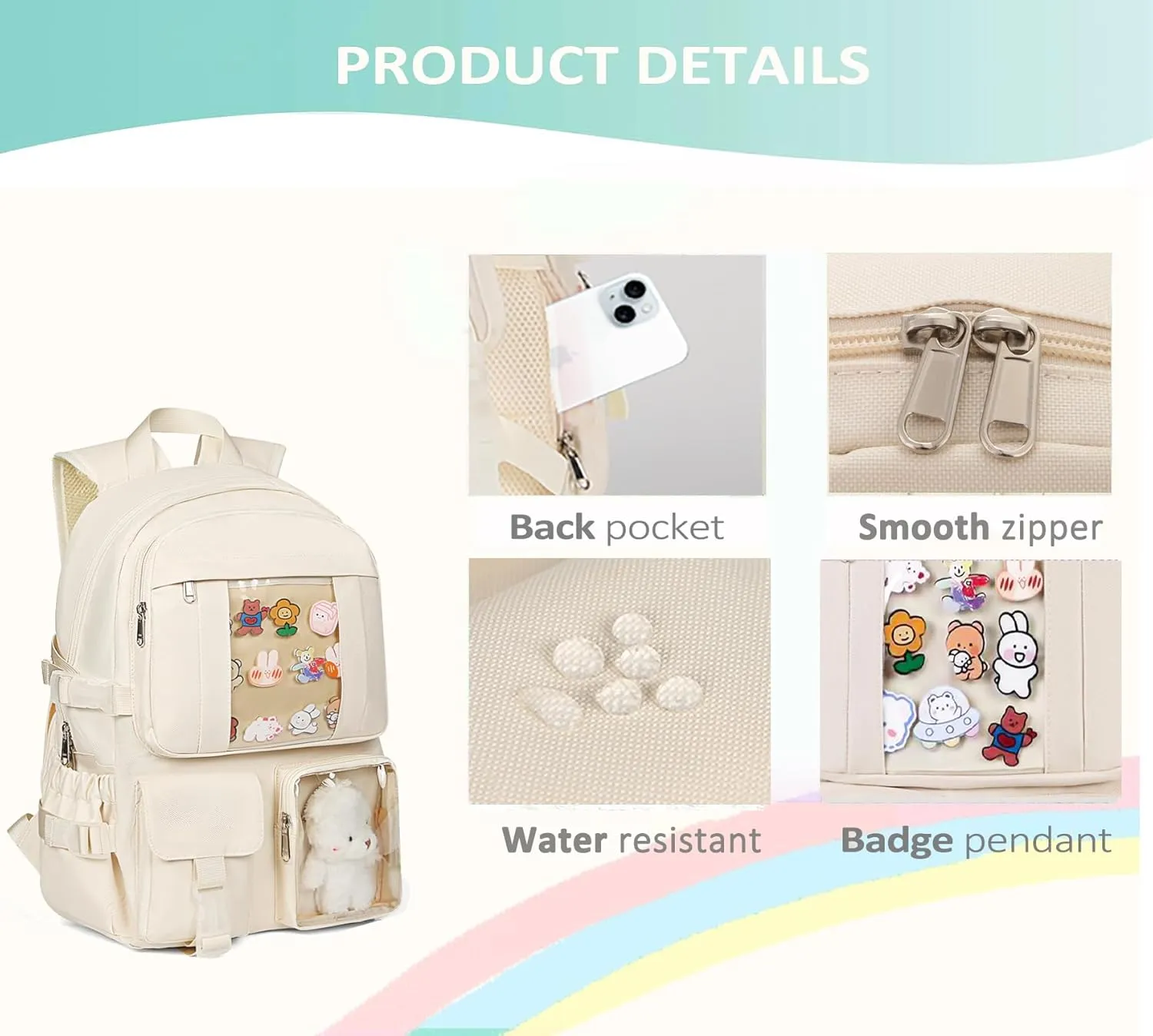 Kawaii Backpack for Teen Girls, Cute Aesthetic High Middle School College Bookbag with Accessories, Blue and Beige