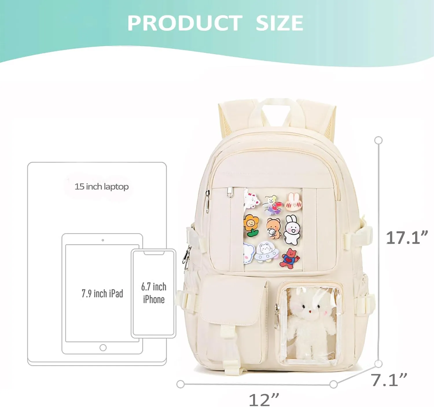 Kawaii Backpack for Teen Girls, Cute Aesthetic High Middle School College Bookbag with Accessories, Blue and Beige
