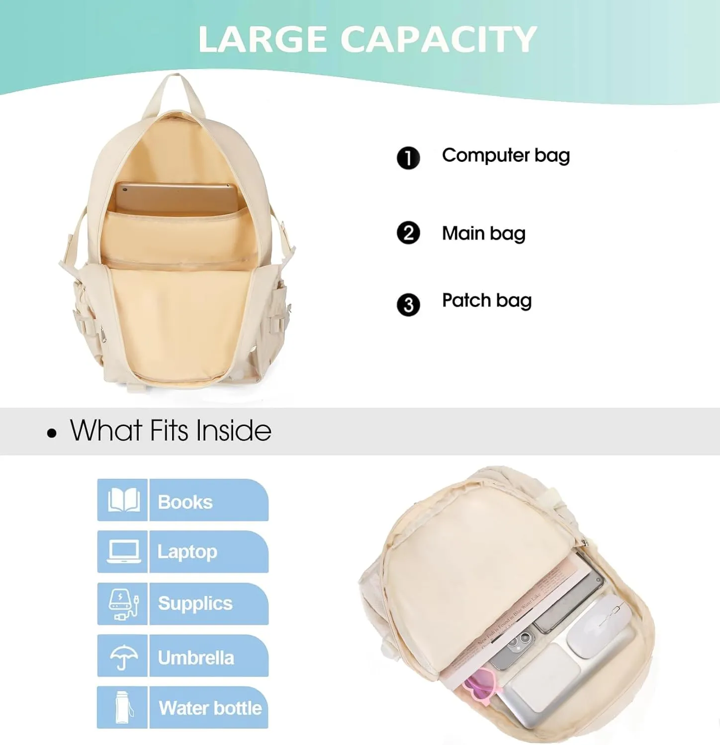 Kawaii Backpack for Teen Girls, Cute Aesthetic High Middle School College Bookbag with Accessories, Blue and Beige
