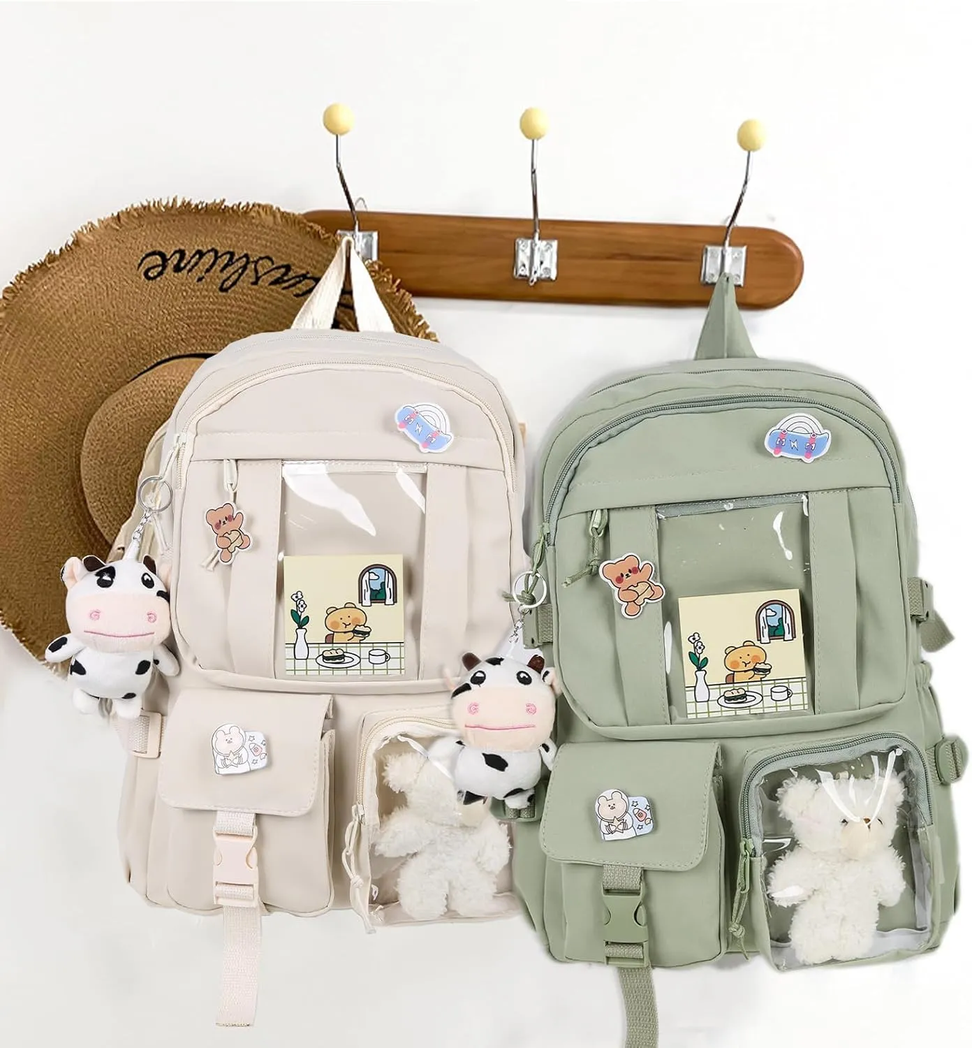 Kawaii Backpack with Bear Plush Kawaii Pin Accessories Cute Aesthetic Bookbag School Bags for Girls Teen (Cute, Army Green)