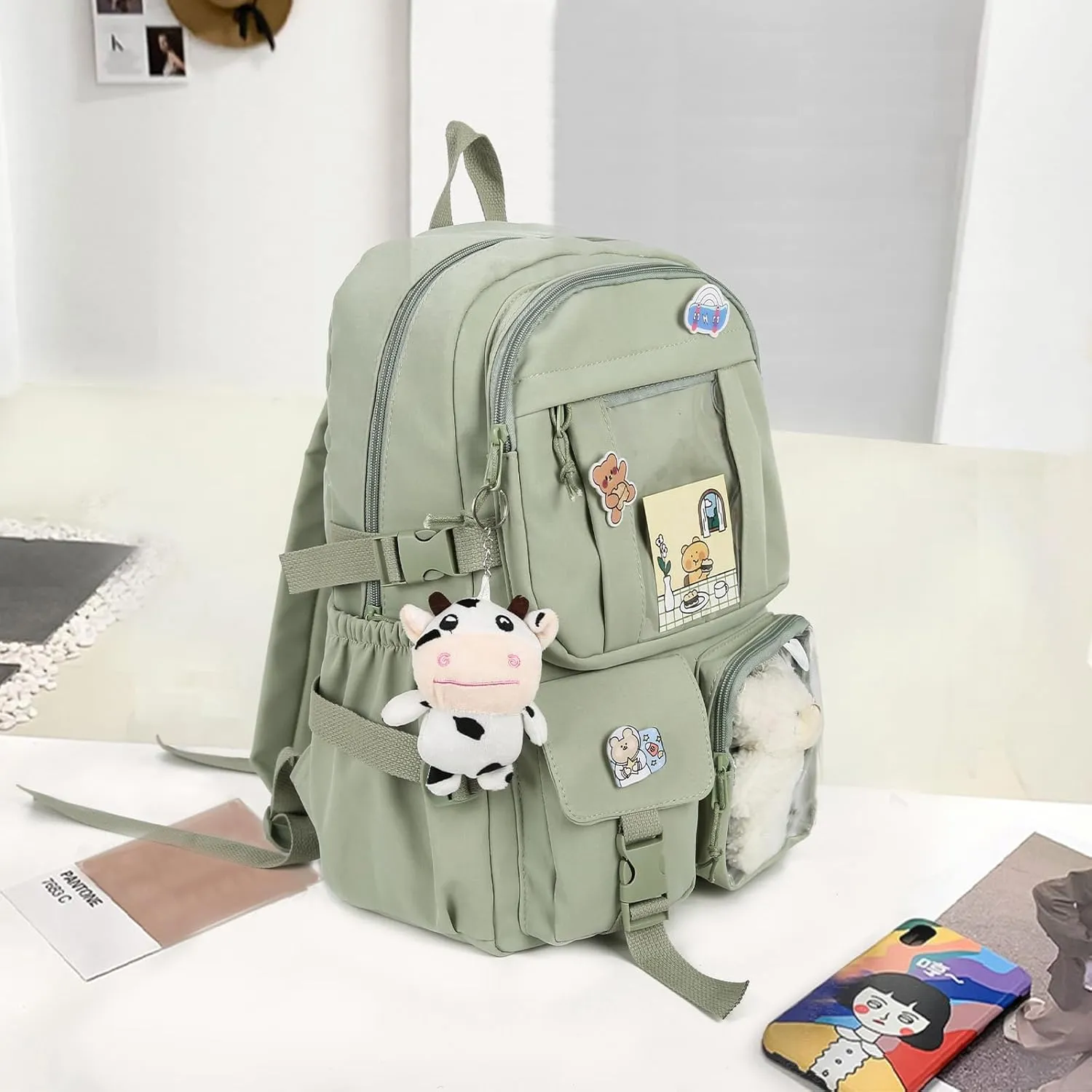 Kawaii Backpack with Bear Plush Kawaii Pin Accessories Cute Aesthetic Bookbag School Bags for Girls Teen (Cute, Army Green)