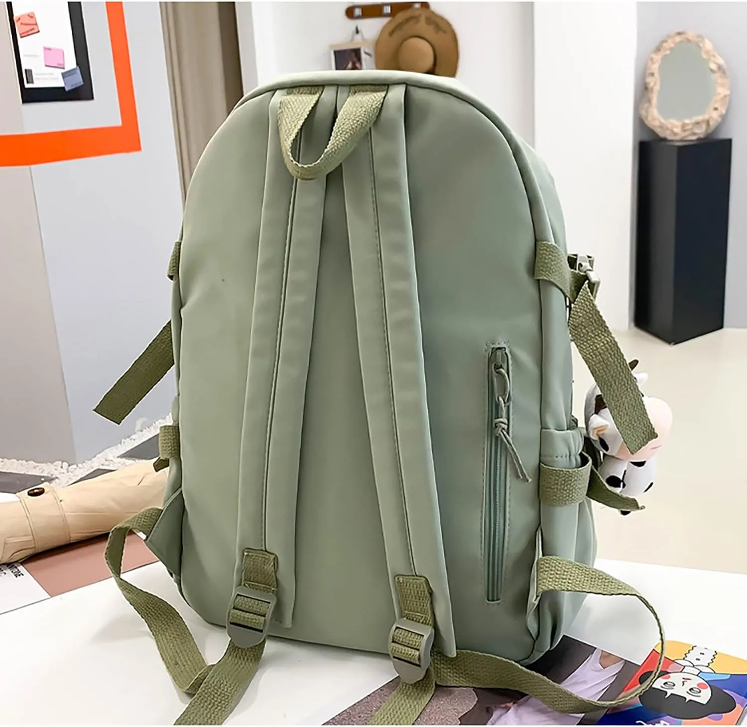 Kawaii Backpack with Bear Plush Kawaii Pin Accessories Cute Aesthetic Bookbag School Bags for Girls Teen (Cute, Army Green)