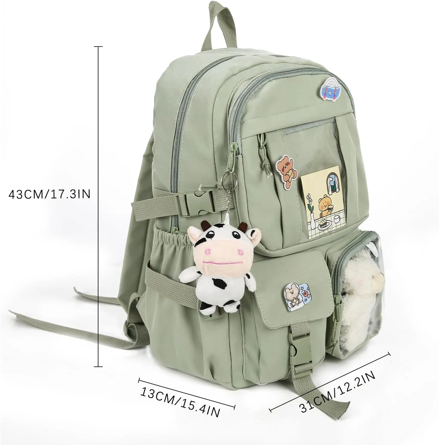 Kawaii Backpack with Bear Plush Kawaii Pin Accessories Cute Aesthetic Bookbag School Bags for Girls Teen (Cute, Army Green)