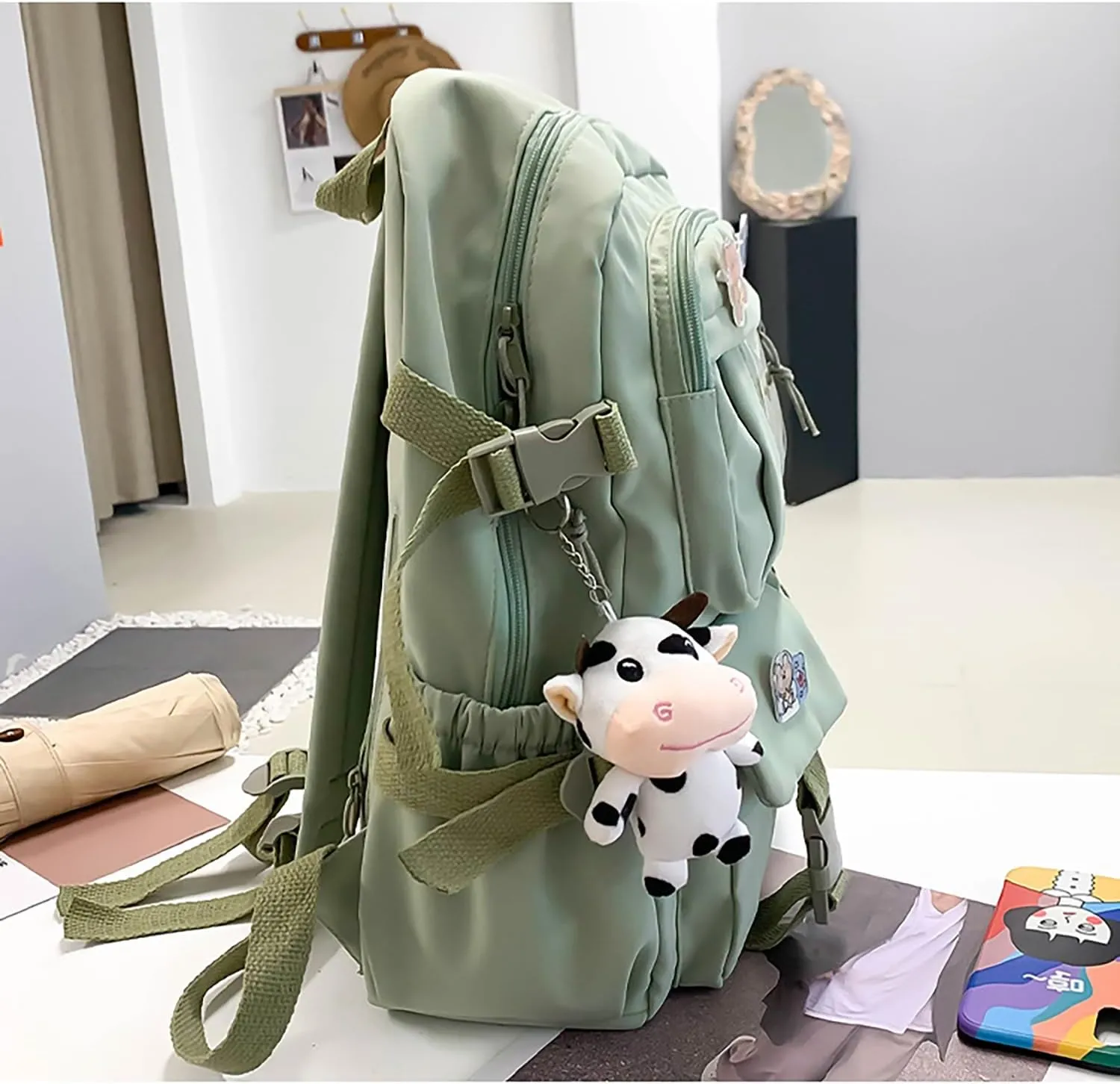 Kawaii Backpack with Bear Plush Kawaii Pin Accessories Cute Aesthetic Bookbag School Bags for Girls Teen (Cute, Army Green)