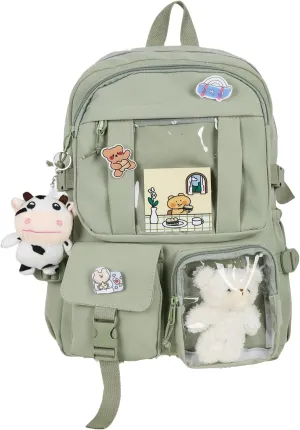 Kawaii Backpack with Bear Plush Kawaii Pin Accessories Cute Aesthetic Bookbag School Bags for Girls Teen (Cute, Army Green)