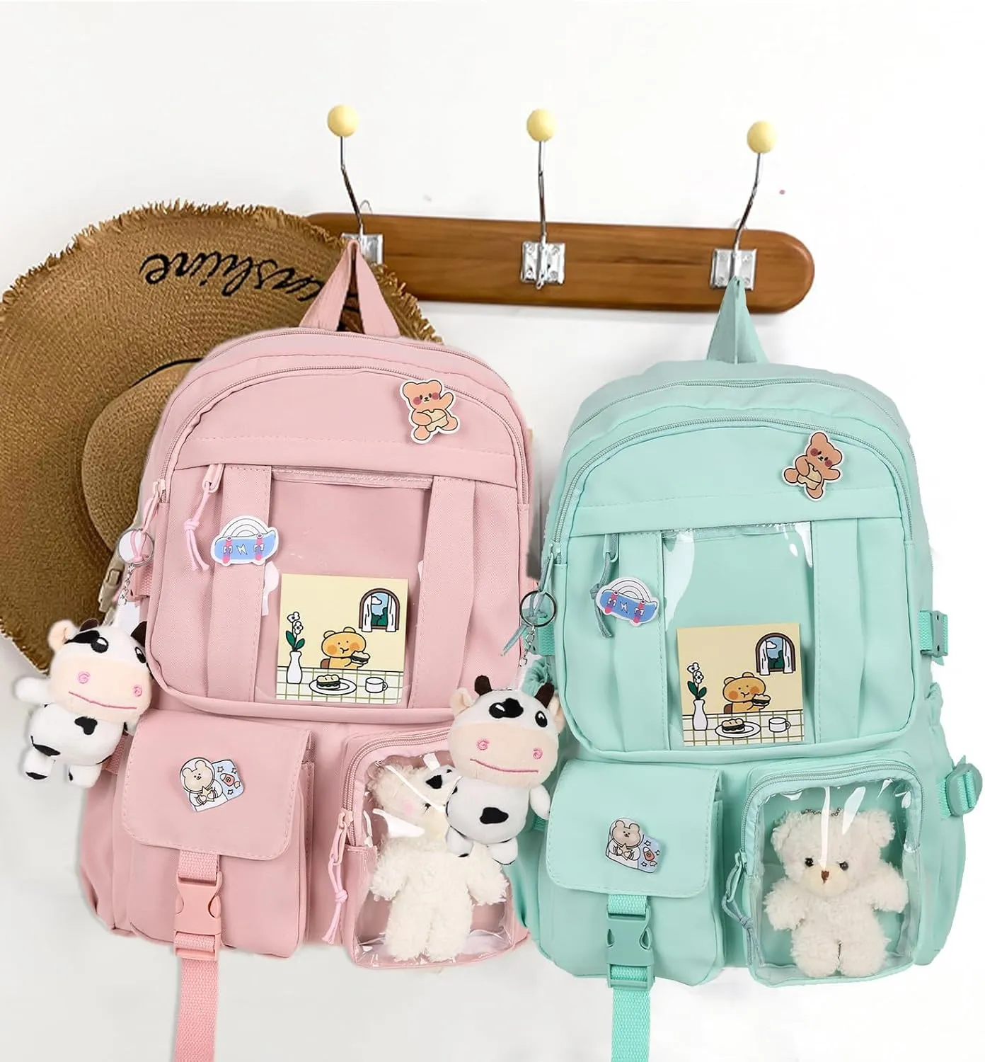 Kawaii Backpack with Bear Plush Kawaii Pin Accessories Cute Aesthetic Bookbag School Bags for Girls Teen (Simple, Green)