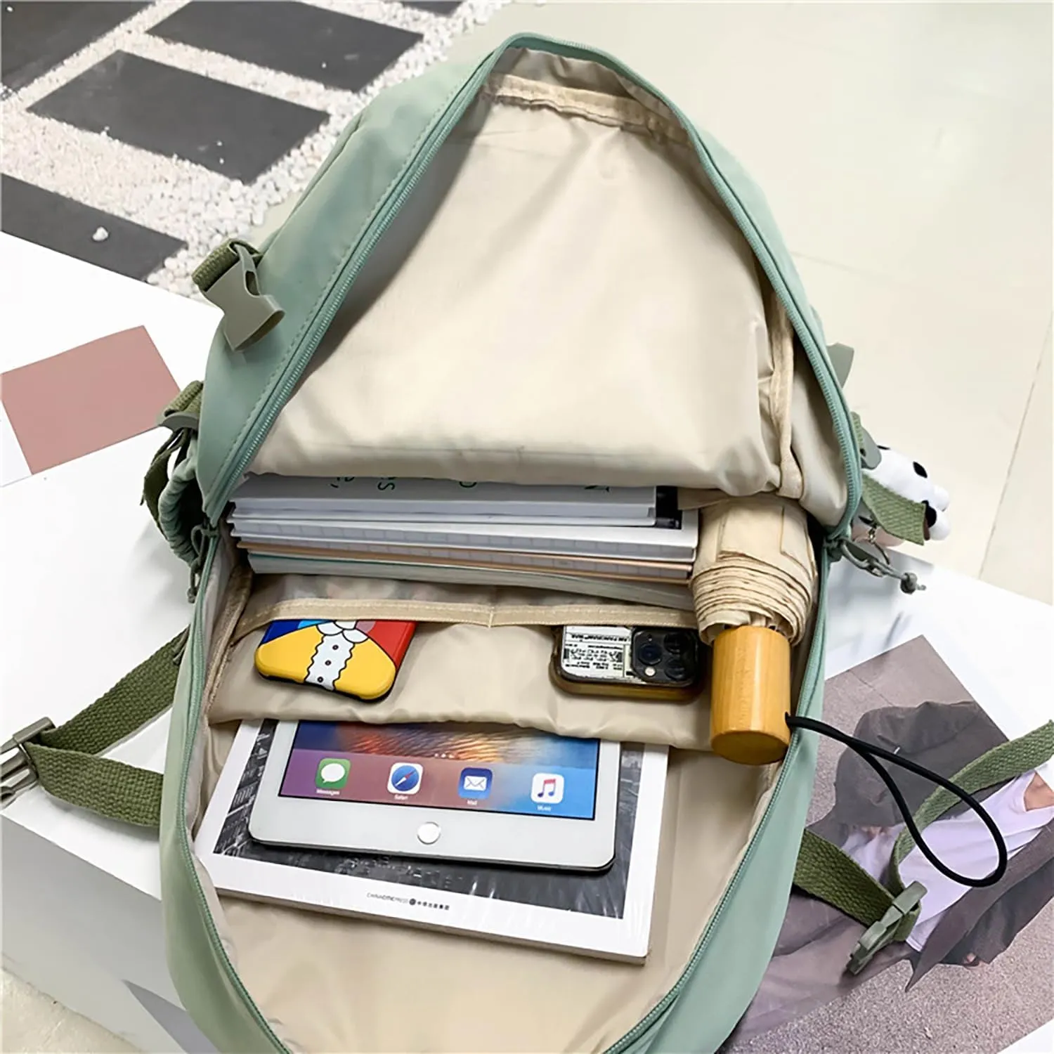 Kawaii Backpack with Bear Plush Kawaii Pin Accessories Cute Aesthetic Bookbag School Bags for Girls Teen (Simple, Green)