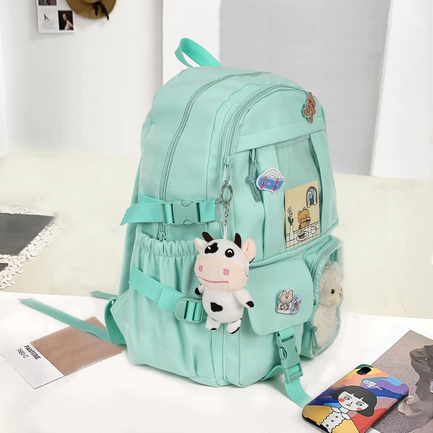 Kawaii Backpack with Bear Plush Kawaii Pin Accessories Cute Aesthetic Bookbag School Bags for Girls Teen (Simple, Green)
