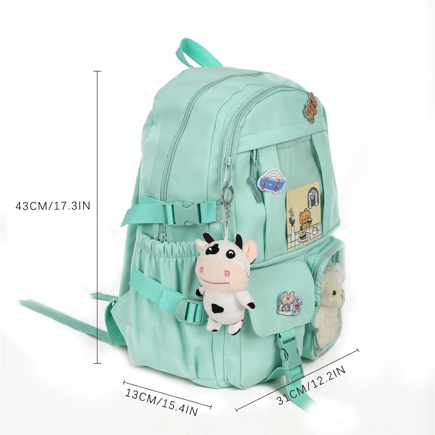 Kawaii Backpack with Bear Plush Kawaii Pin Accessories Cute Aesthetic Bookbag School Bags for Girls Teen (Simple, Green)