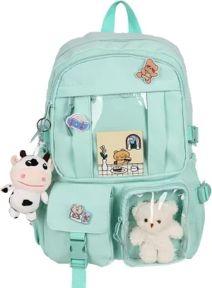 Kawaii Backpack with Bear Plush Kawaii Pin Accessories Cute Aesthetic Bookbag School Bags for Girls Teen (Simple, Green)
