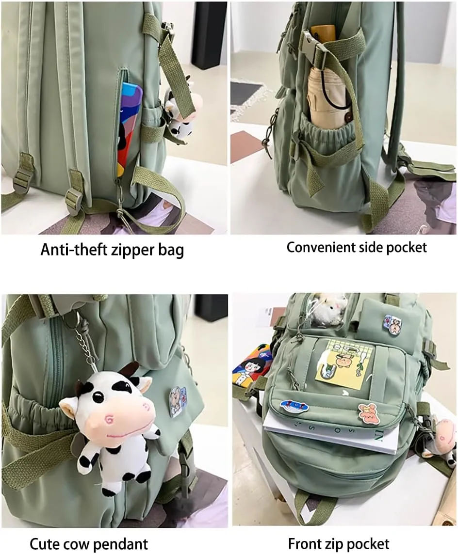Kawaii Backpack with Bear Plush Kawaii Pin Accessories Cute Aesthetic Bookbag School Bags for Girls Teen (Simple, Green)