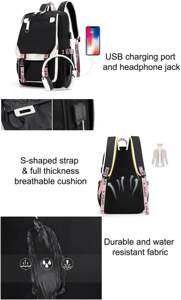Kawaii Backpack with Cute Accessories Laptop Backpack 17 inch Aesthetic USB Charging Port Headphone Jack (Black White)