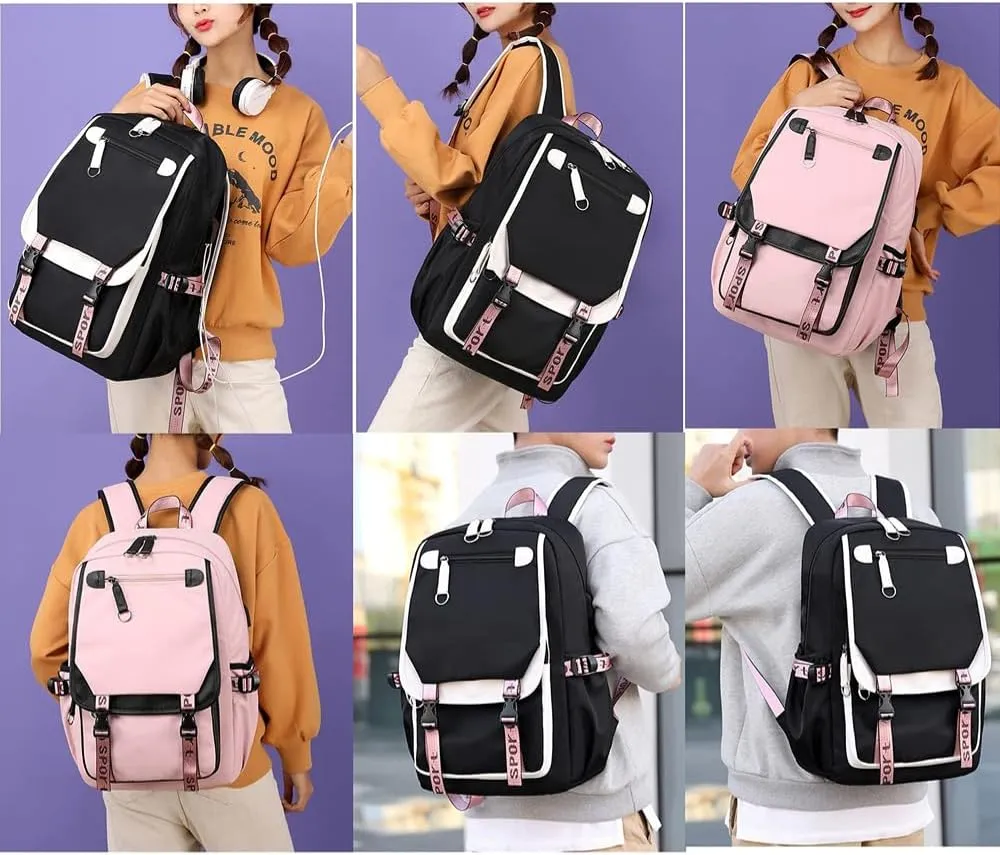 Kawaii Backpack with Cute Accessories Laptop Backpack 17 inch Aesthetic USB Charging Port Headphone Jack (Black White)