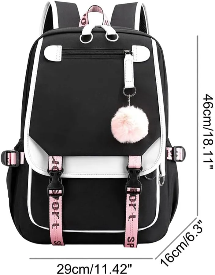 Kawaii Backpack with Cute Accessories Laptop Backpack 17 inch Aesthetic USB Charging Port Headphone Jack (Black White)