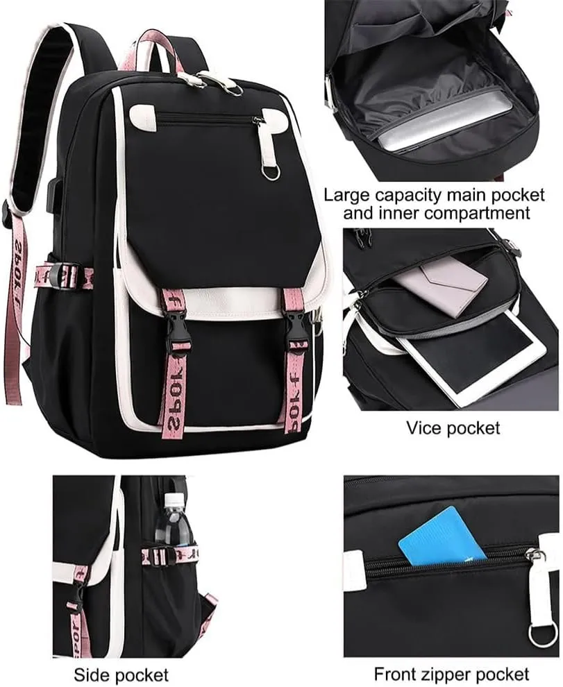 Kawaii Backpack with Cute Accessories Laptop Backpack 17 inch Aesthetic USB Charging Port Headphone Jack (Black White)
