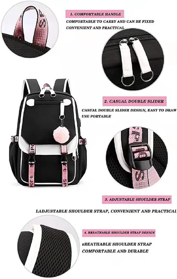 Kawaii Backpack with Cute Accessories Laptop Backpack 17 inch Aesthetic USB Charging Port Headphone Jack (Black White)