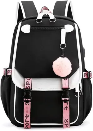 Kawaii Backpack with Cute Accessories Laptop Backpack 17 inch Aesthetic USB Charging Port Headphone Jack (Black White)