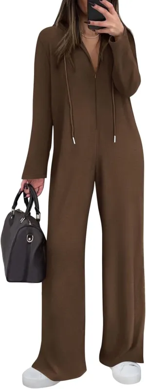 KIRUNDO Jumpsuits for Women Casual Long Sleeve Spring One Piece Outfits 2025 Drawstring Hoodie Zip Up Loose Romper Overalls