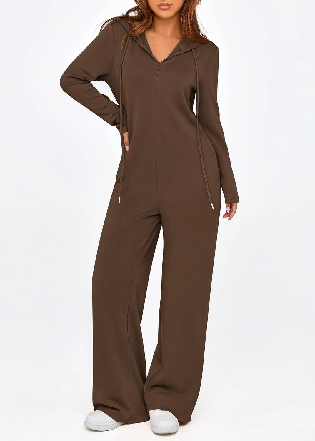 KIRUNDO Jumpsuits for Women Casual Long Sleeve Spring One Piece Outfits 2025 Drawstring Hoodie Zip Up Loose Romper Overalls