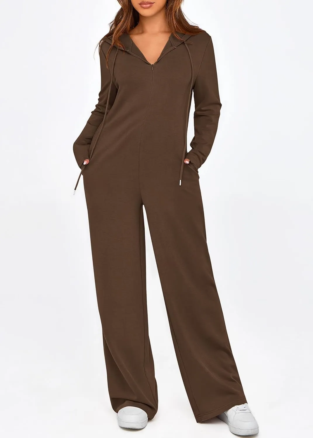 KIRUNDO Jumpsuits for Women Casual Long Sleeve Spring One Piece Outfits 2025 Drawstring Hoodie Zip Up Loose Romper Overalls