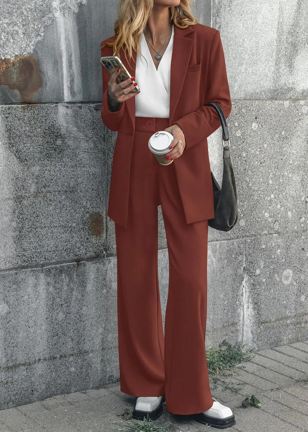 KIRUNDO Women's 2025 Spring Fall 2 Piece Blazer Set Casual Loose Long Blazer Jackets and Dressy Wide Leg Pant Suits Pockets