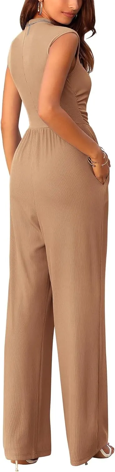 KIRUNDO Womens Jumpsuit Dressy Casual Summer Outfits One Piece Cap Sleeve Mock Neck Wide Leg Pants Rompers with Pockets