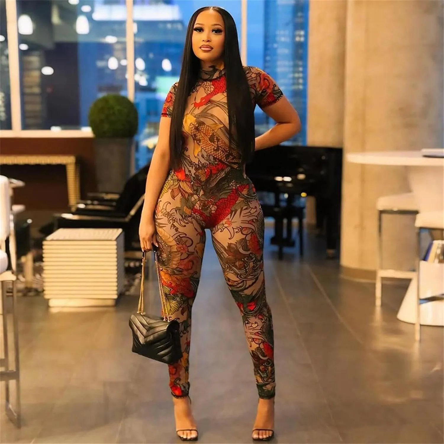 ksotutm Sexy Jumpsuits for Women Mesh Print Short Sleeve Bodycon Jumpsuit