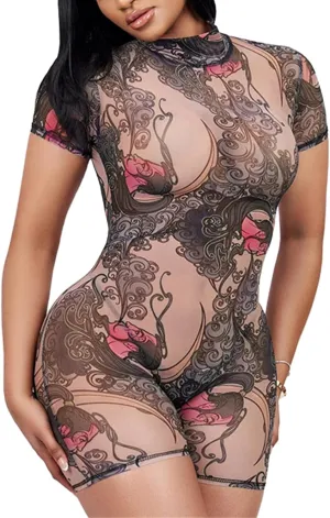 ksotutm Sexy Jumpsuits for Women Printed Short Sleeve Jumpsuit Backless Romper One Piece Jumpsuits Club Outfits