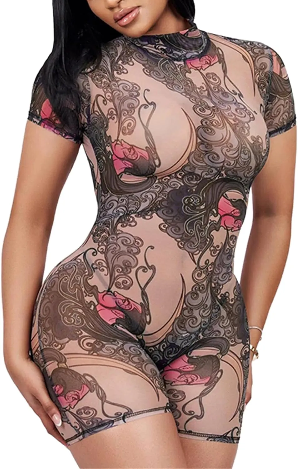 ksotutm Sexy Jumpsuits for Women Printed Short Sleeve Jumpsuit Backless Romper One Piece Jumpsuits Club Outfits