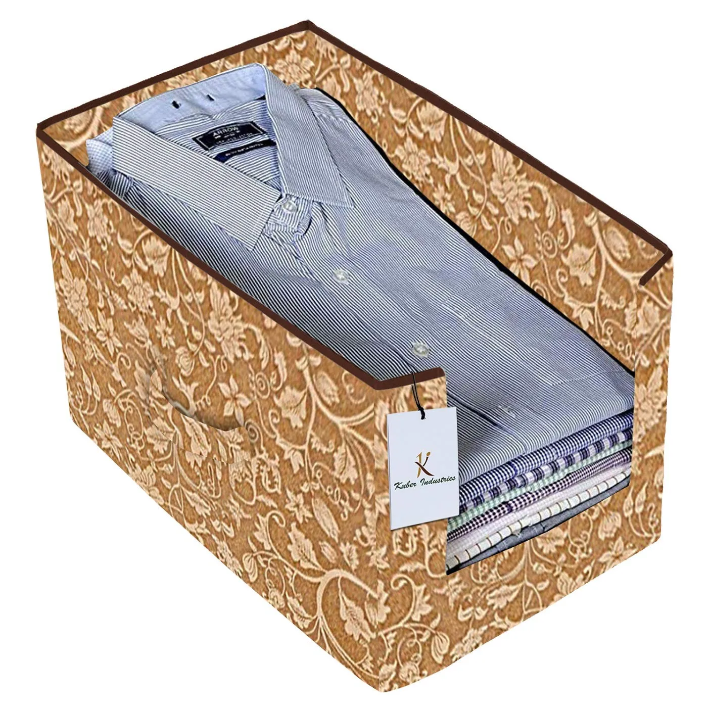 Kuber Industries Exclusive Metalic Printed 2 Piece Non Woven Shirt Stacker Wardrobe Organizer Set, (Brown & Brige) - CTGTC34916