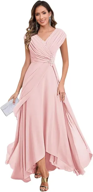 Lace Applique Mother of The Bride Dresses for Wedding Cap Sleeve Formal Dress Ruched Chiffon Evening Gown