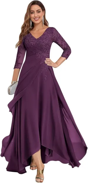 Lace Appliques Mother of The Bride Dresses for Wedding 3/4 Sleeves V Neck Ruffles Formal Wedding Guest Dress