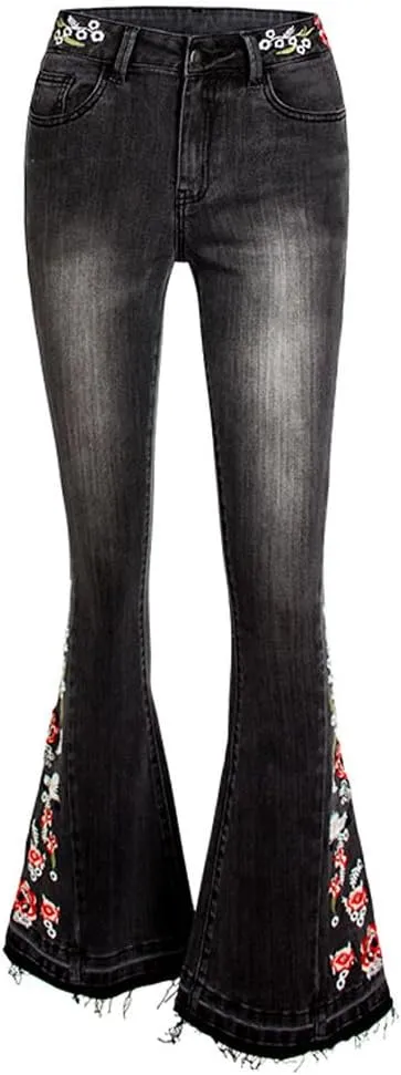 LAFOURAM Bell Bottom Jeans for Women High Waist Flared Wide Leg Floral Embroidered Denim Pants