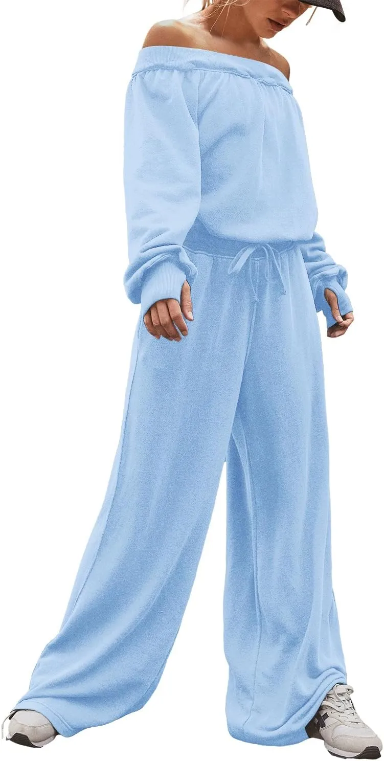 LAMISSCHE Womens Oversized Long Sleeve Jumpsuit with Pockets Off The Shoulder Romper Casual Onesie Outfits