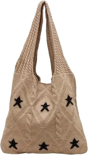 LAPRBY Crochet Tote Bag Y2k Aesthetic Accessories Grunge Hobo Bag Knit Star Bags Beach Purse Shoulder Handbags for Women