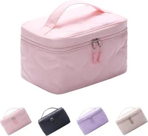 Large Capacity Makeup Bag with Brush Holder,Quilted Cosmetic Bag for Girls, Travel Organizer Bag for Accessories Pink