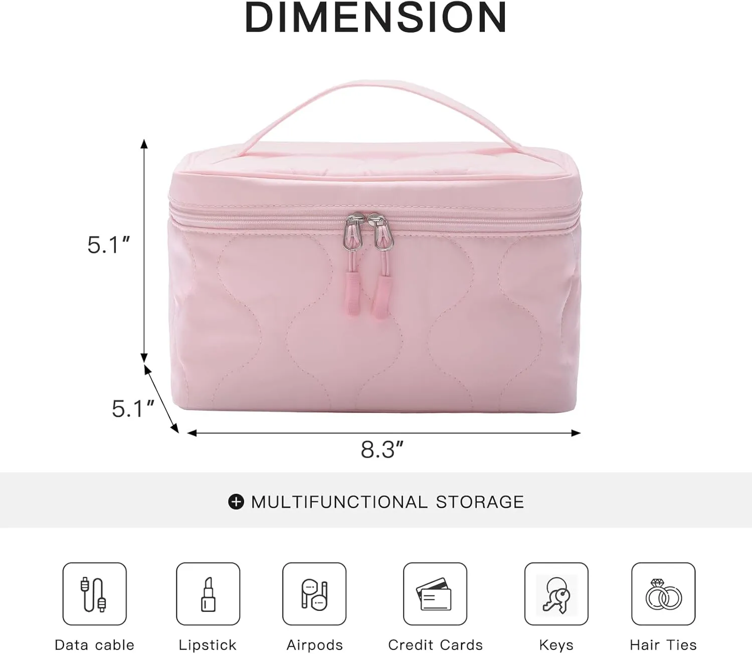 Large Capacity Makeup Bag with Brush Holder,Quilted Cosmetic Bag for Girls, Travel Organizer Bag for Accessories Pink