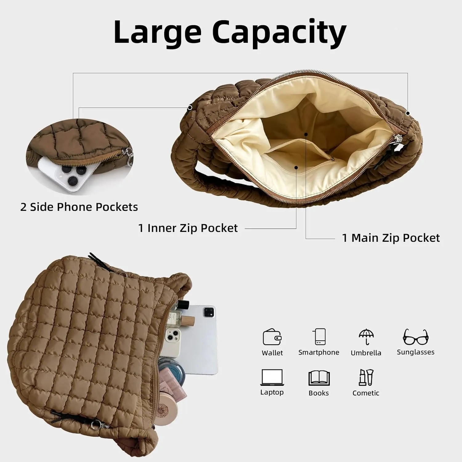 Large Quilted Tote Bag Crossbody Puffer Tote Bags for Women Quilted Hobo Bags Carryall Shoulder Bubble Bag
