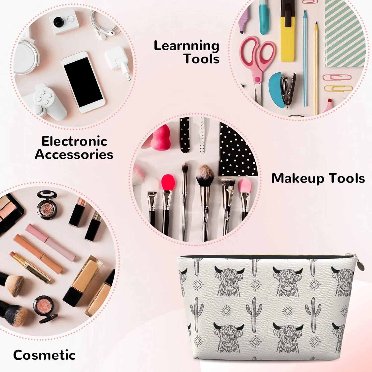 Leather Makeup Bag Travel Cosmetic Bag Small Makeup Bag for Women,Toiletry Bag Accessories Organizer-Western Yak