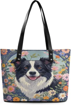 Leather Tote Bag Crossbody Bags for Women Fashion Top Handle Handbag Border Collie Florals Ladies Shoulder Bags Casual Beach Bag Gym Bages Ladies Purses for Shopping Work Travel