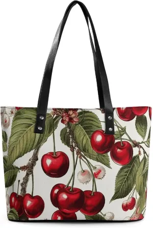 Leather Tote Bag Crossbody Bags for Women Fashion Top Handle Handbag Cherry And Leaves Pattern Ladies Shoulder Bags Casual Beach Bag Gym Bages Ladies Purses for Shopping Work Travel